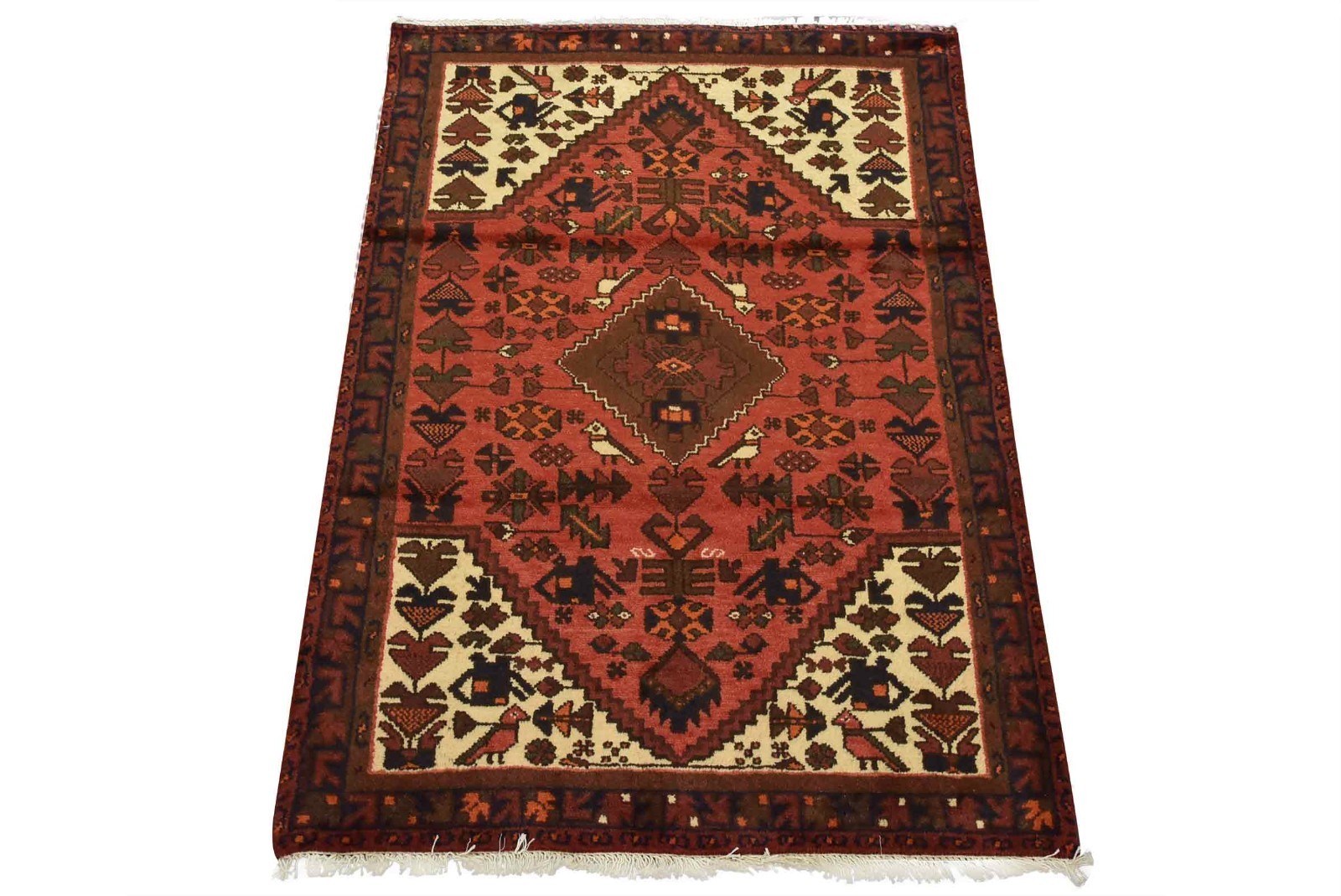 Hamedan Rug 3’2” x 4’4” Red Wool Vintage Tribal Hand-Knotted Oiental Carpet