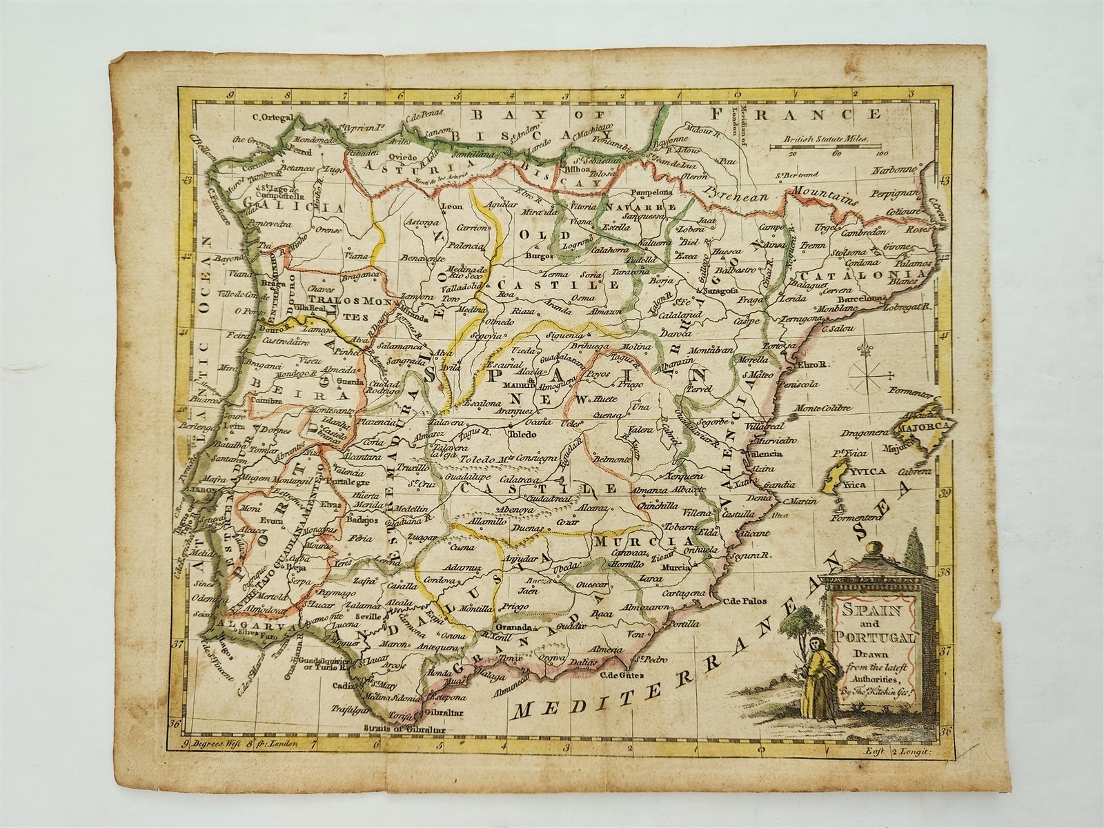 1782 antique SPAIN PORTUGAL MAP hand colored THOMAS KITCHIN engraved