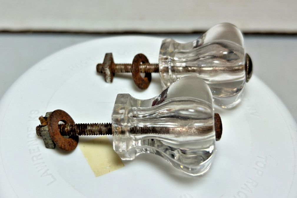 2 Vintage Clear Glass Draw Knob Pulls, 6 Sided, has Manganese Glow under 365