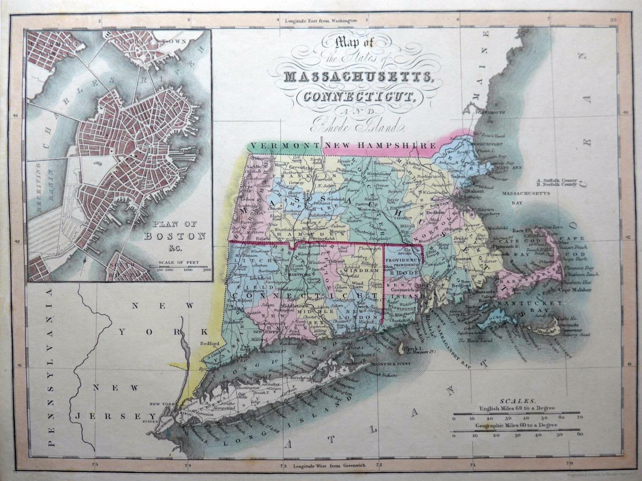 MASSACHUSETTS BOSTON BY HINTON / FENNER GENUINE ANTIQUE MAP HAND COLOUR c1834