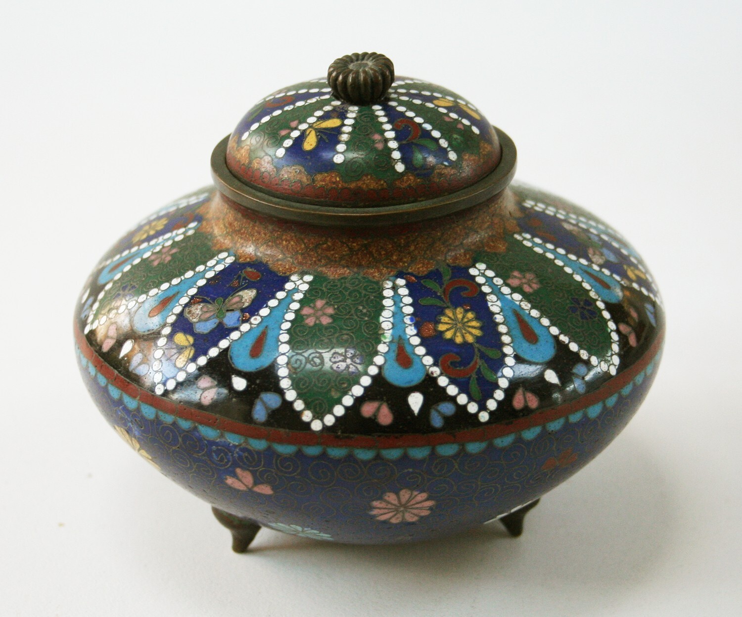 Japanese Cloisonne Covered Bowl, Foil Work, 5″ Diameter, 4 1/2″ High