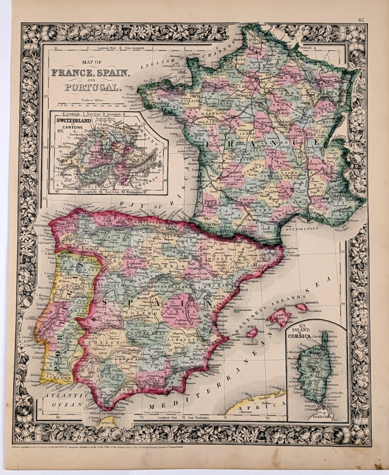 1862 FRANCE – SPAIN Map ORIGINAL Corsica Portugal Madrid Paris 13.5×11.25