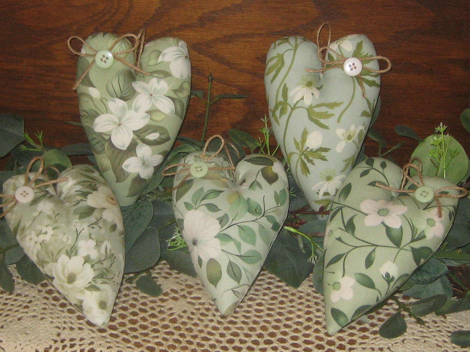 Cottage 5 Assorted Sage Fabric Hearts Bowl Fillers Garland Wreath Accents