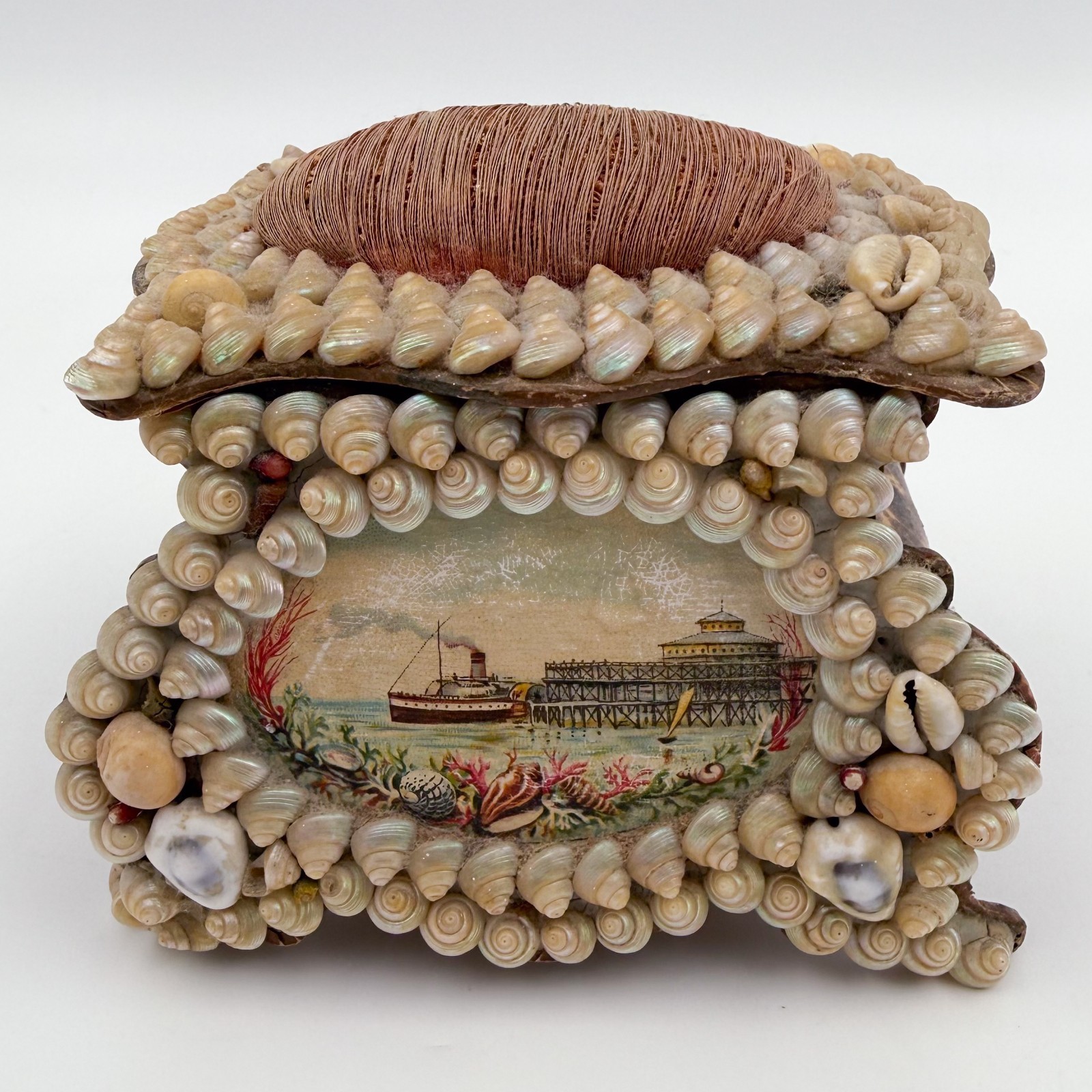 Victorian Era French Shellwork Pincushion Souvenir Jewelry Coffin Box Maritime