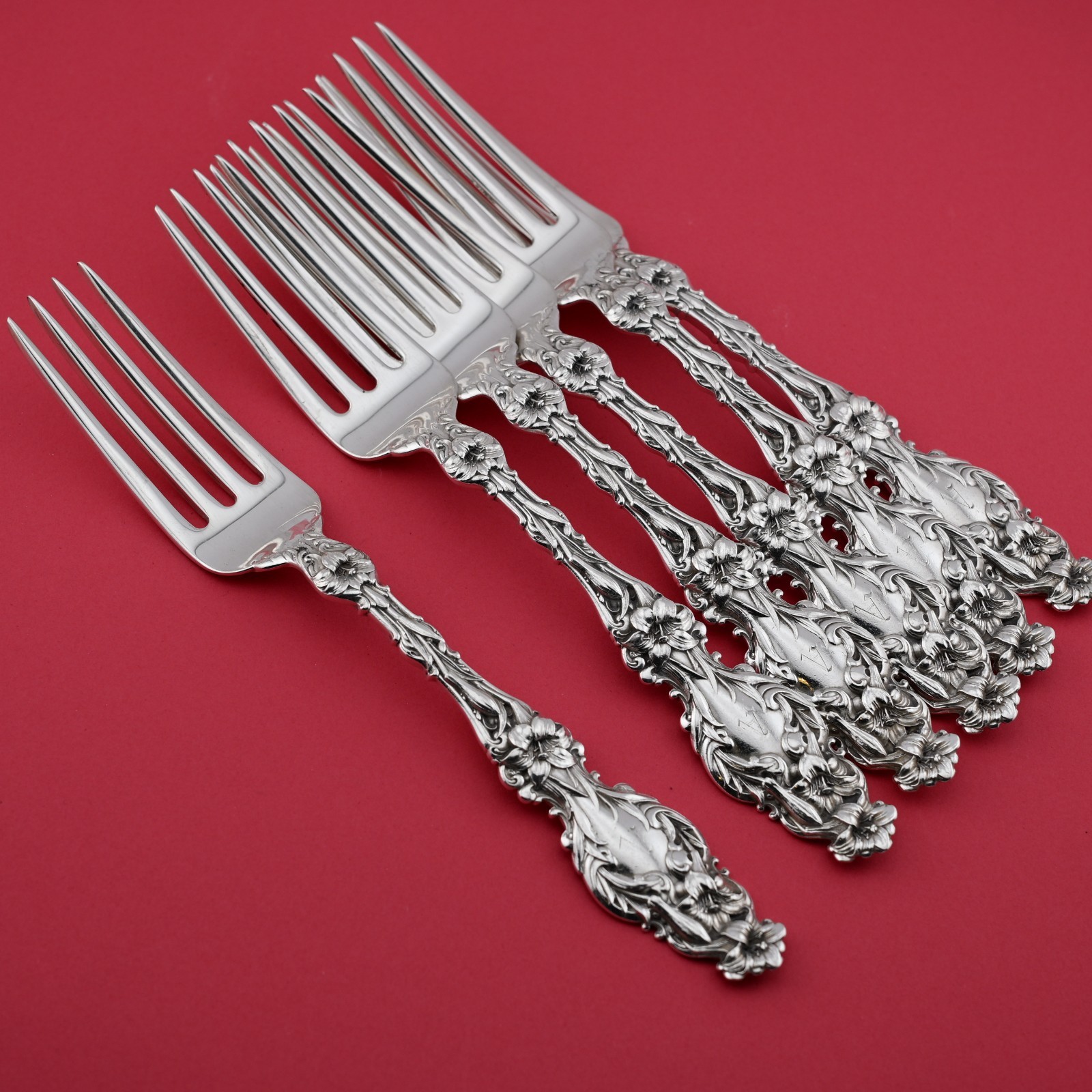 6 Sterling Silver Whiting Lily 1902 Dinner Forks 7 5/8″ Pat Date