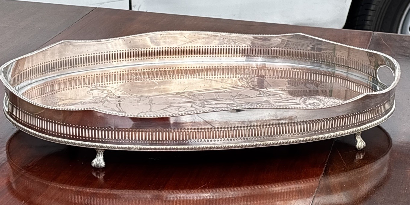 Large Silver Plate Gallery Drinks Tray. With Equestrian Copper Engraving.