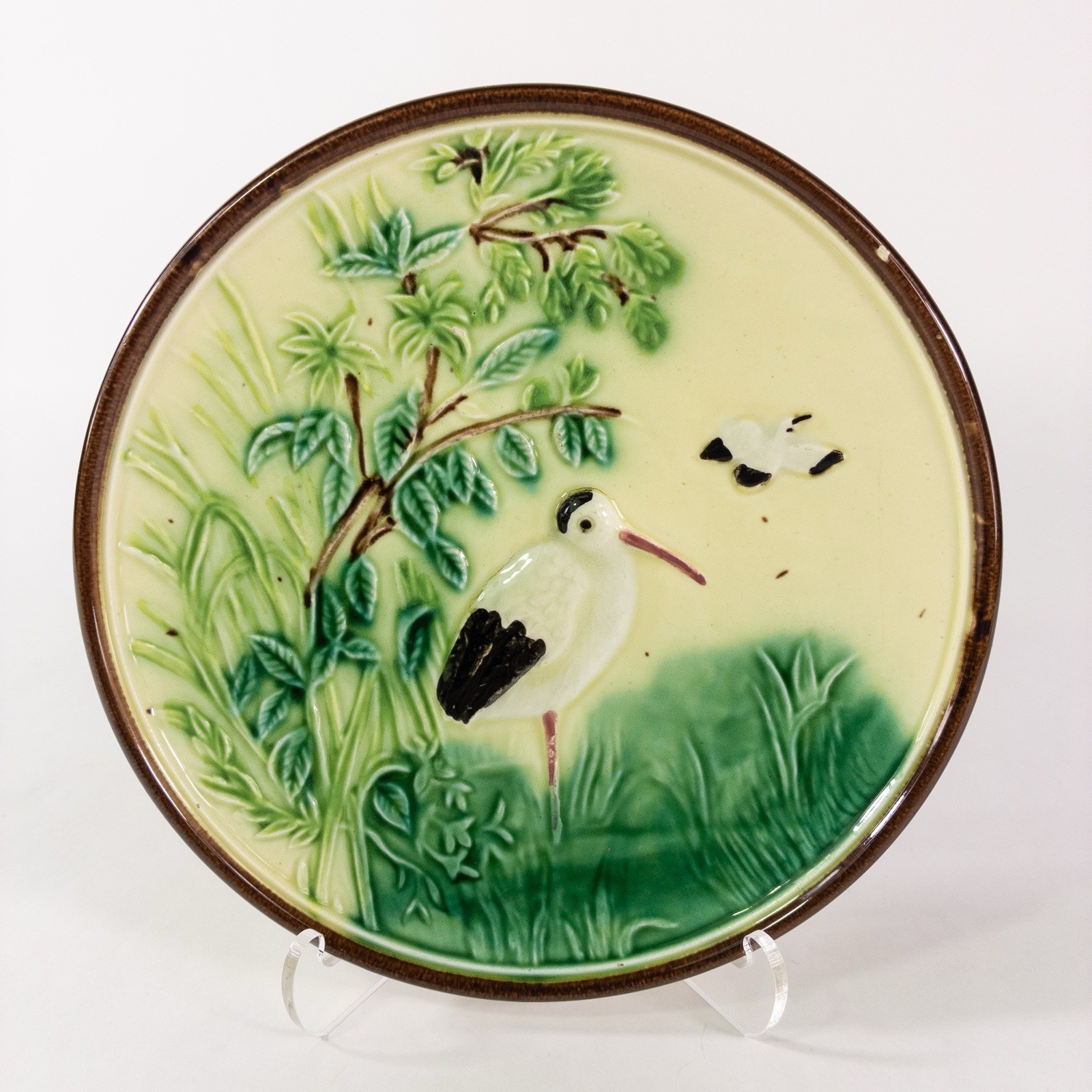 Antique Victorian Majolica Plate 6″ Crane Heron & Cattails Wildlife Plants 3-D