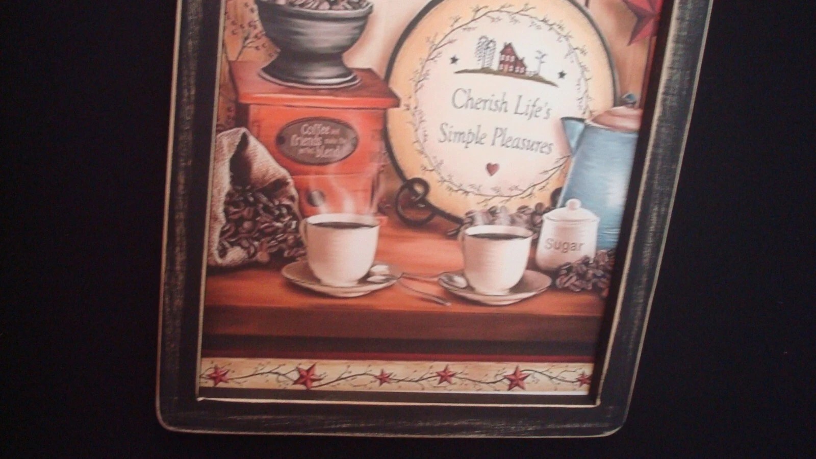 Primitive Print **CHERISH LIFE’S SIMPLE PLEASURES** in black frame 9 1/2″ x 12″