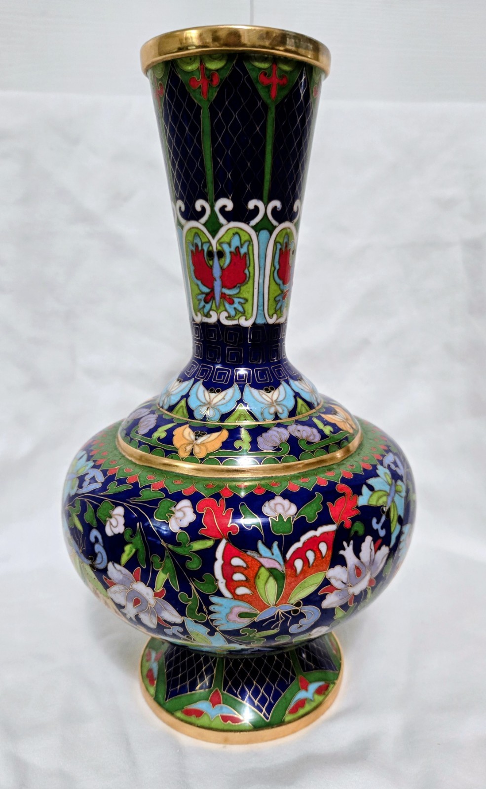Asian Mid Century Cloisonne’ Butterfly and Floral Vase 10″