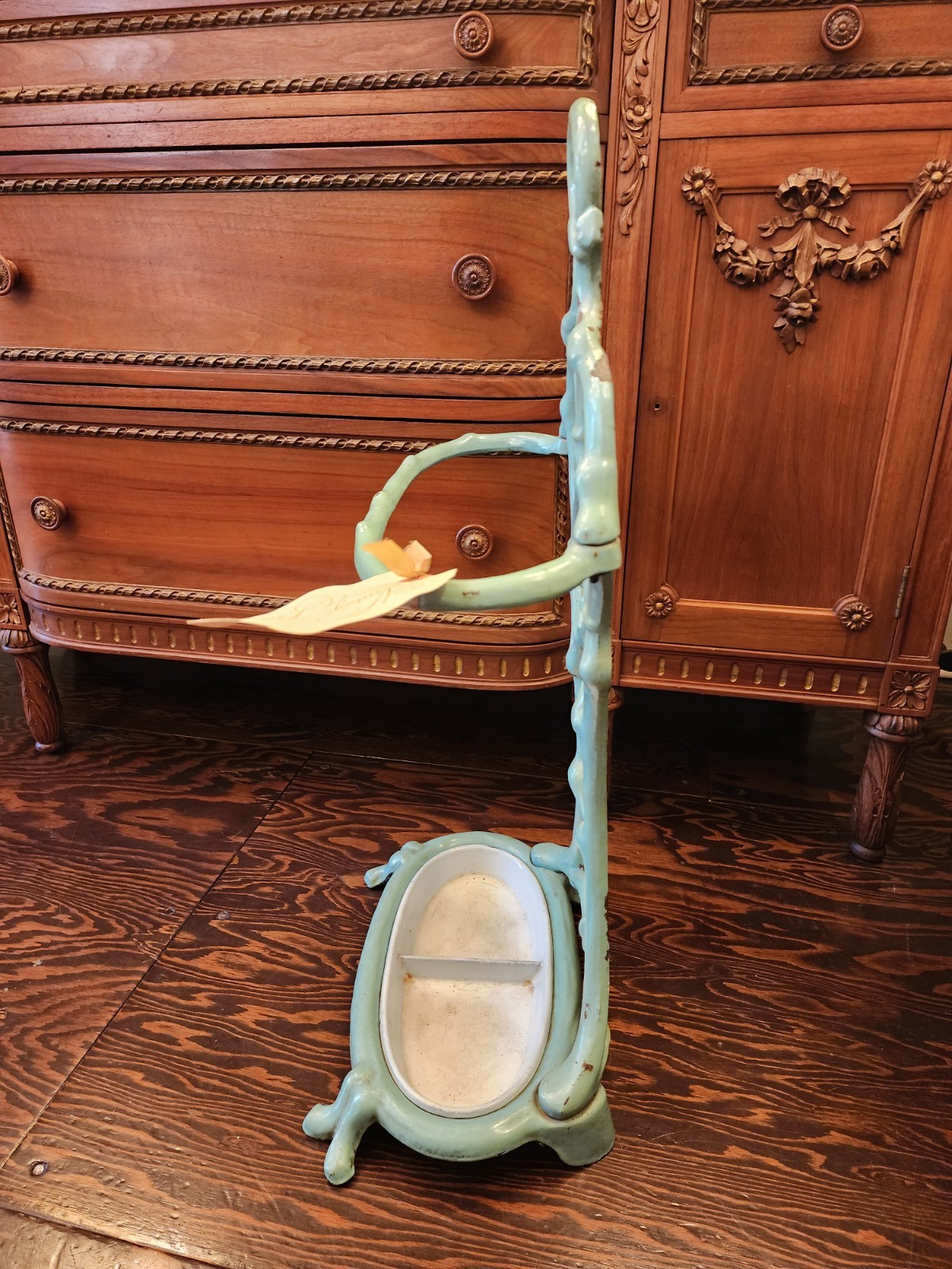 Antique French Art Nouveau Green & White Enameled Cast Iron Umbrella Stand