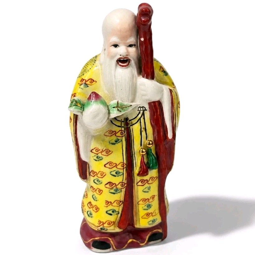 Vintage Chinese Porcelain Shou Lao Longevity God Figurine 6″ Yellow Robe Statue
