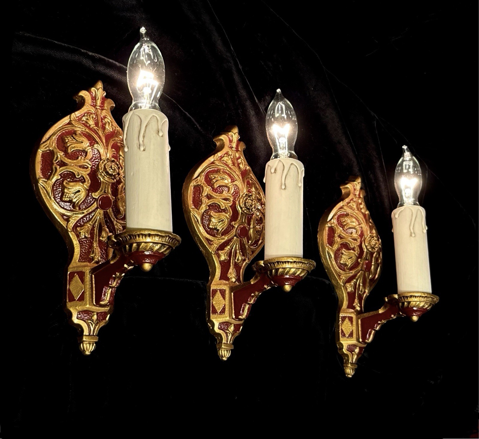 Set 3 Antique Vtg Art Deco Nouveau Wall Light Fixtures Polychrome Gothic