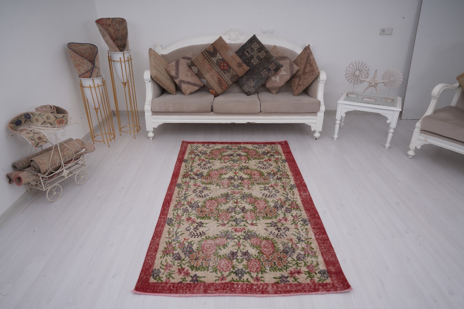 4 x 7 Neutral Vintage Oushak Rug Turkish Old Carpet Antique Traditional Rug 157
