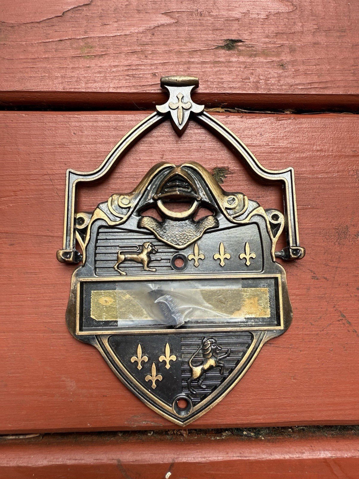 Vintage Squire Heraldic Shield Door Knocker Knight Sword Crown Fleur de Lis