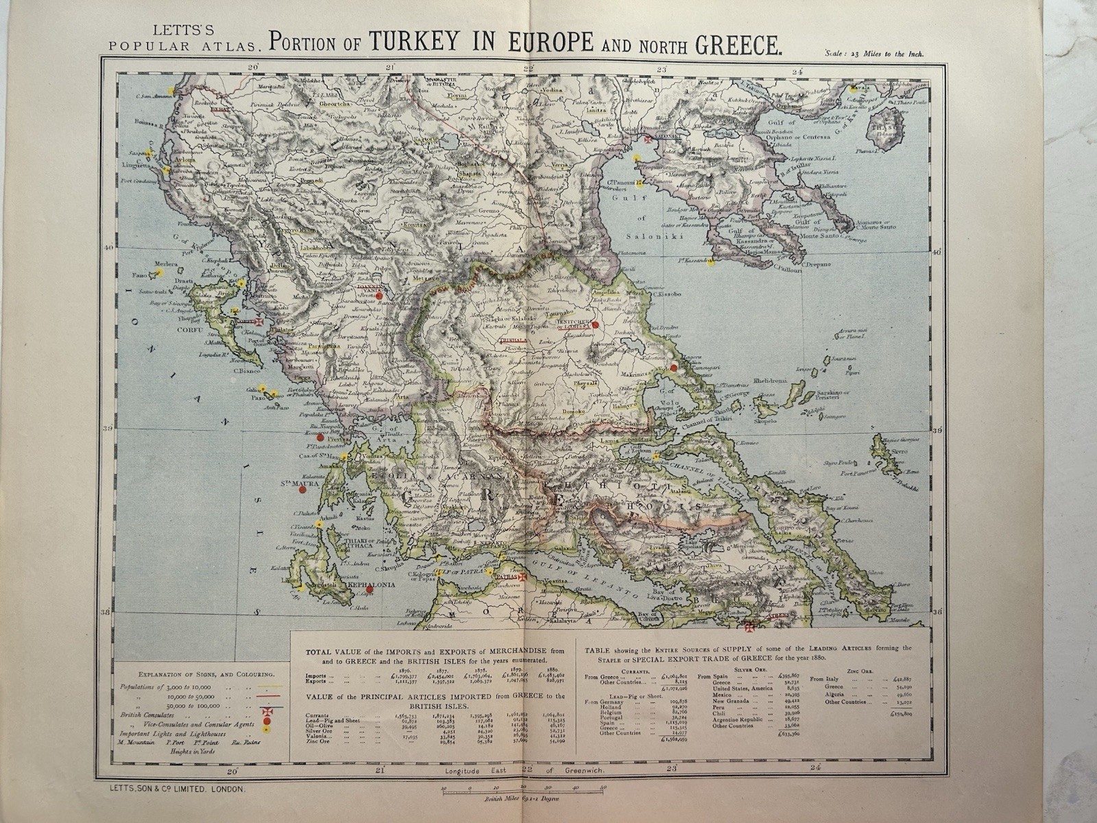 1883 North Greece Original Antique Colour Map by Letts