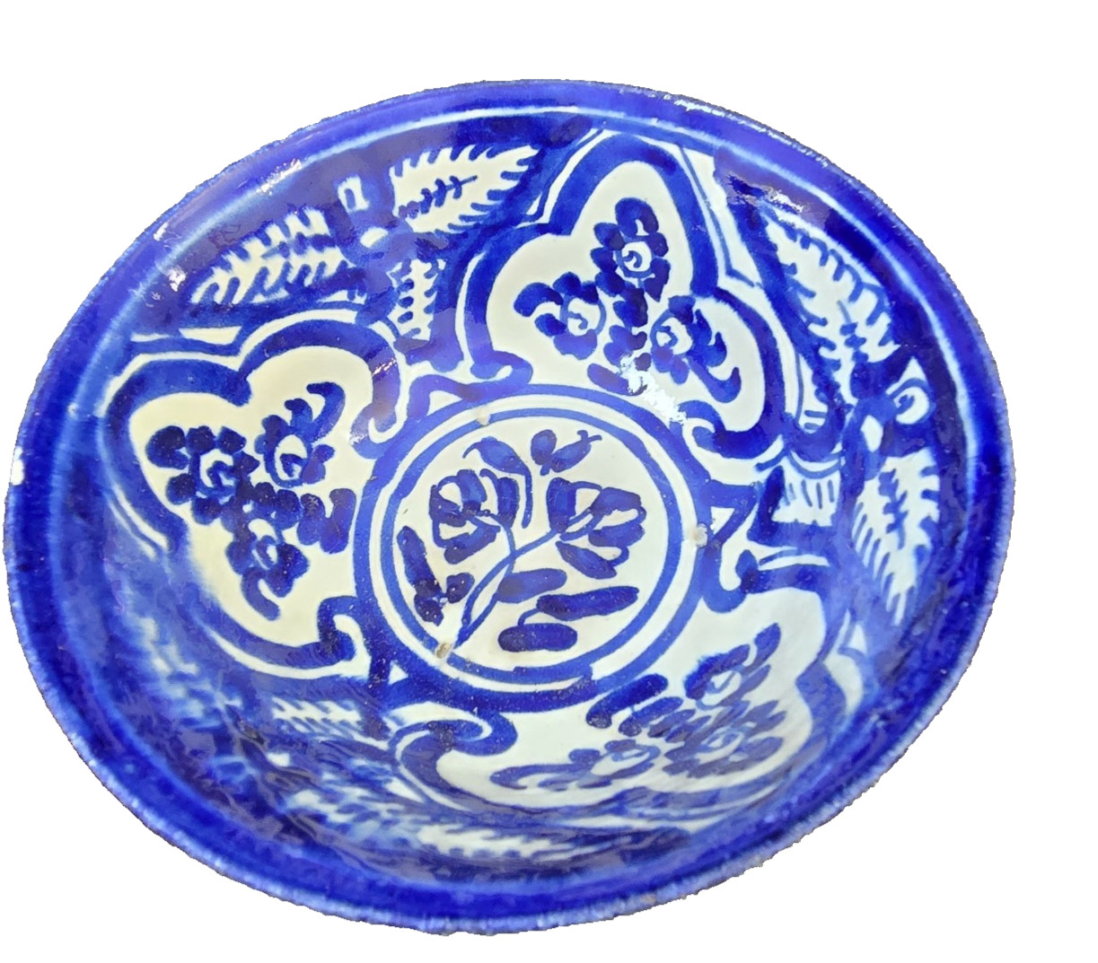 Antique Moorish Islamic Persian Cobalt Blue White Pottery Bowl 7.25″W X 3″H