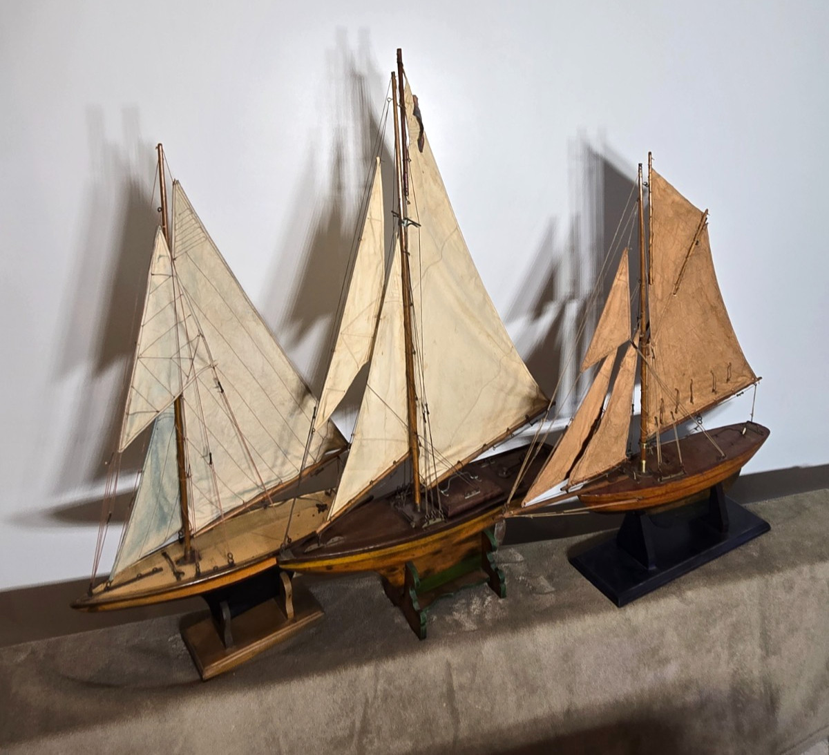 Vintage English Pond Yachts Set of three. 19th Century Toy Sailboat