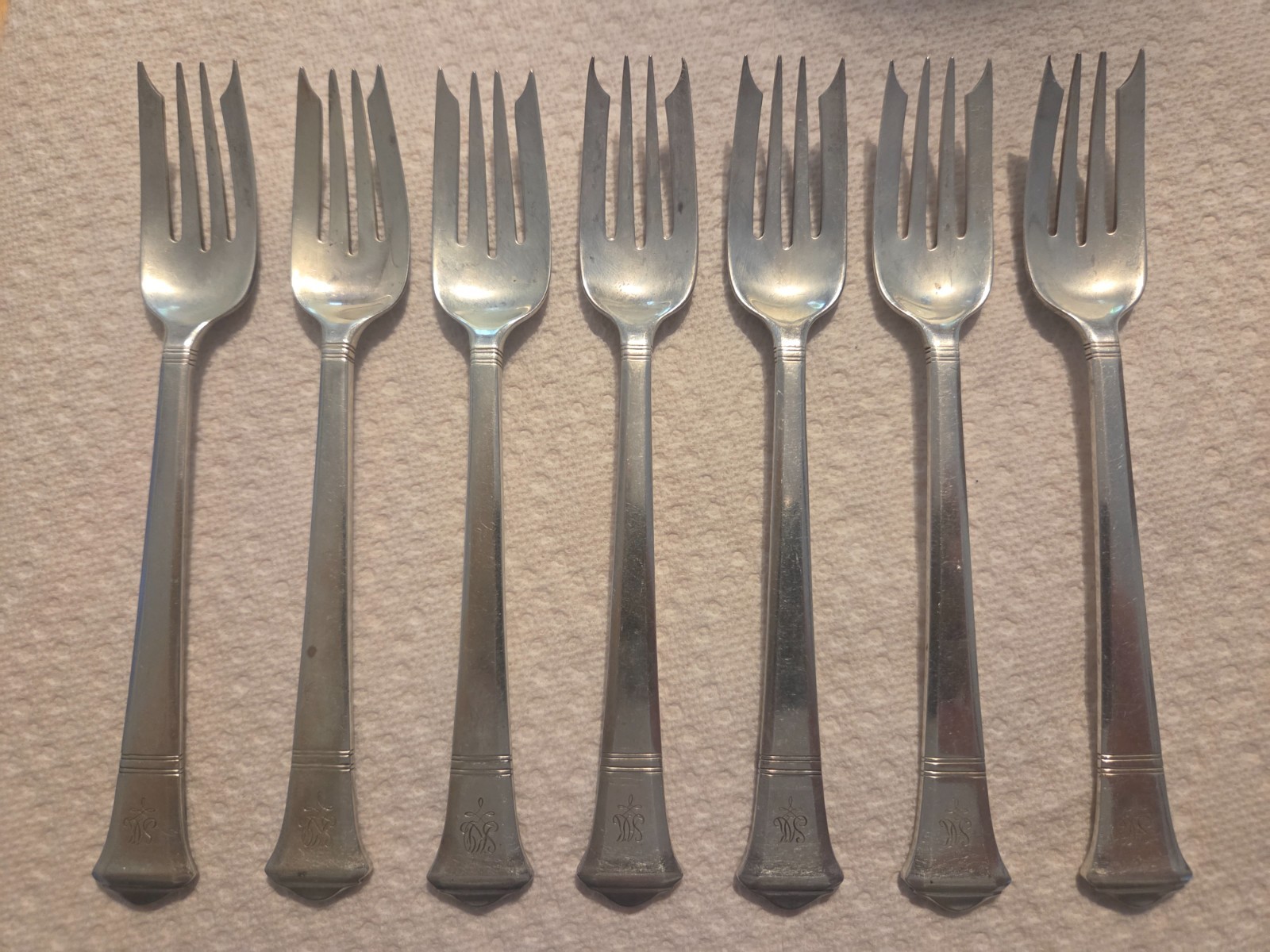 Tiffany & Co Windham Sterling Silver Salad Forks Set of 7 Pat 1923 Monogram SAK