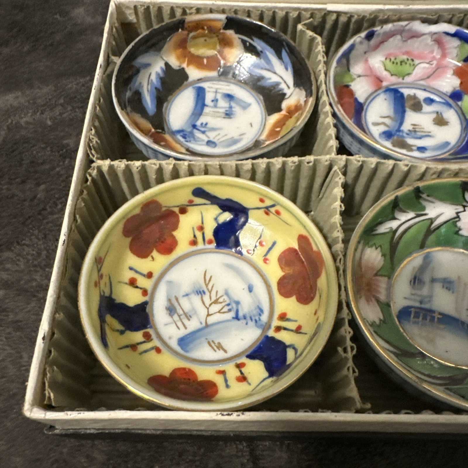 LOT OF 6 Antique Japanese Kutani Imari Cups 2 1/4” With Box Rare