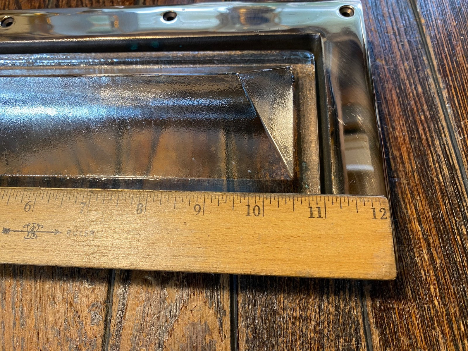VINTAGE NOS CAST POLISHED BRONZE AND SOLID GLASS RECTANGULAR DECK PRISM 12 X 6