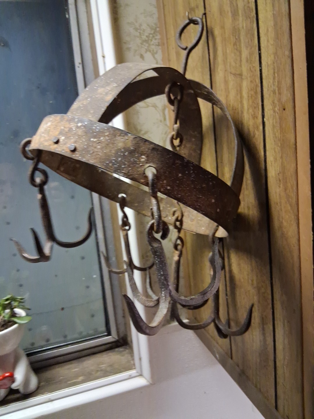 antique Hanging Butcher Rack Wrought Iron 5 Triple hooks 18th Century Hand Made