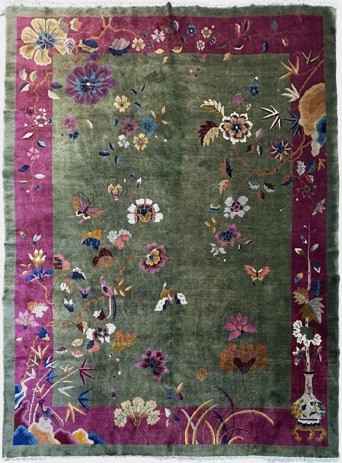 9×12 Extraordinaire Antique Art Deco Rug Walter Nichols green Chinese rug c.1920