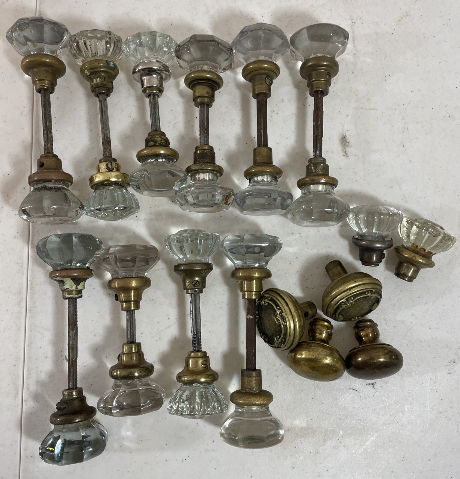 10 Sets Vintage Heavy Glass Door Knobs Brass Plus 6 Single knobs