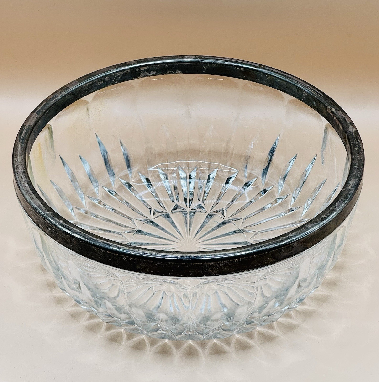Vintage Leonard Lead Crystal With Metal Silver Plated Rim Bowl 9 ” X 3.5″ Italy
