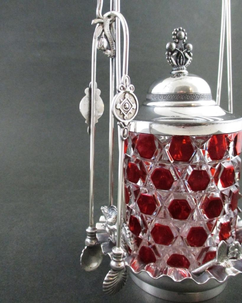 RUBY flashed EAPG Hex BLOCK jar – Antique PICKLE CASTOR – ACME #1135 Quad Silver