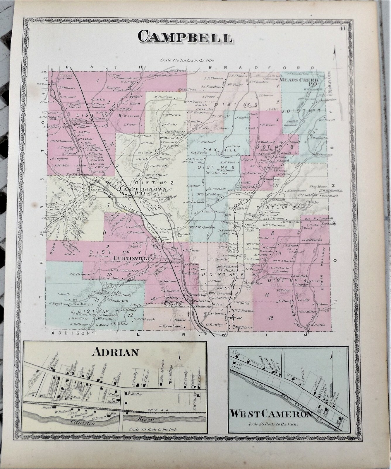 1873 Steuben County NY “Campbell Adrian West Cameron” Antique Atlas Map
