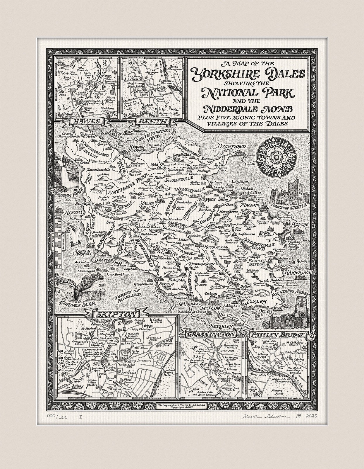 Yorkshire Dales Map [with mount] – Fine Art Prints Hand Drawn by Manuscript Maps