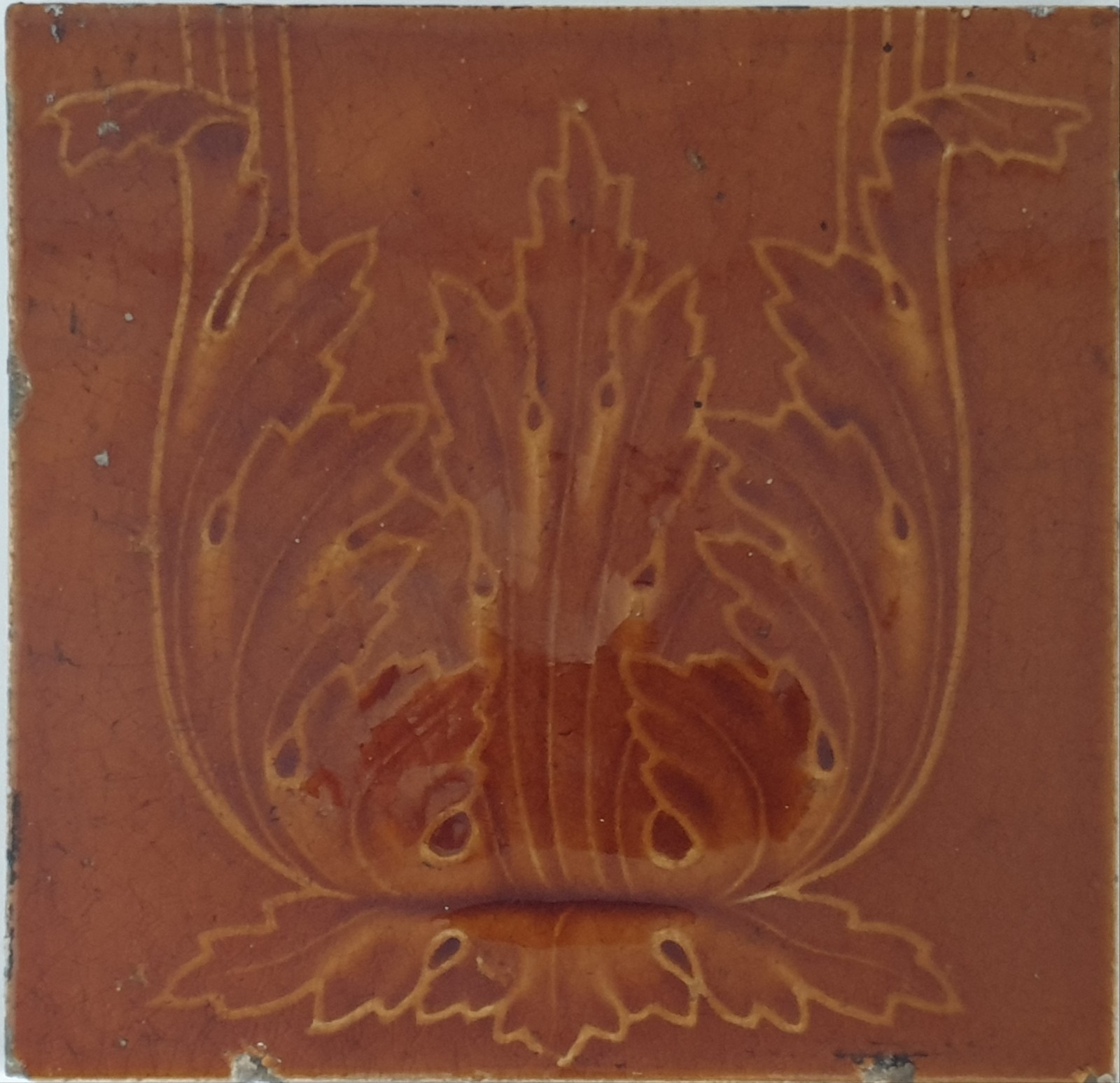 Art Nouveau Fireplace Brown Majolica Tile Floral Design by Corn Bros C1905