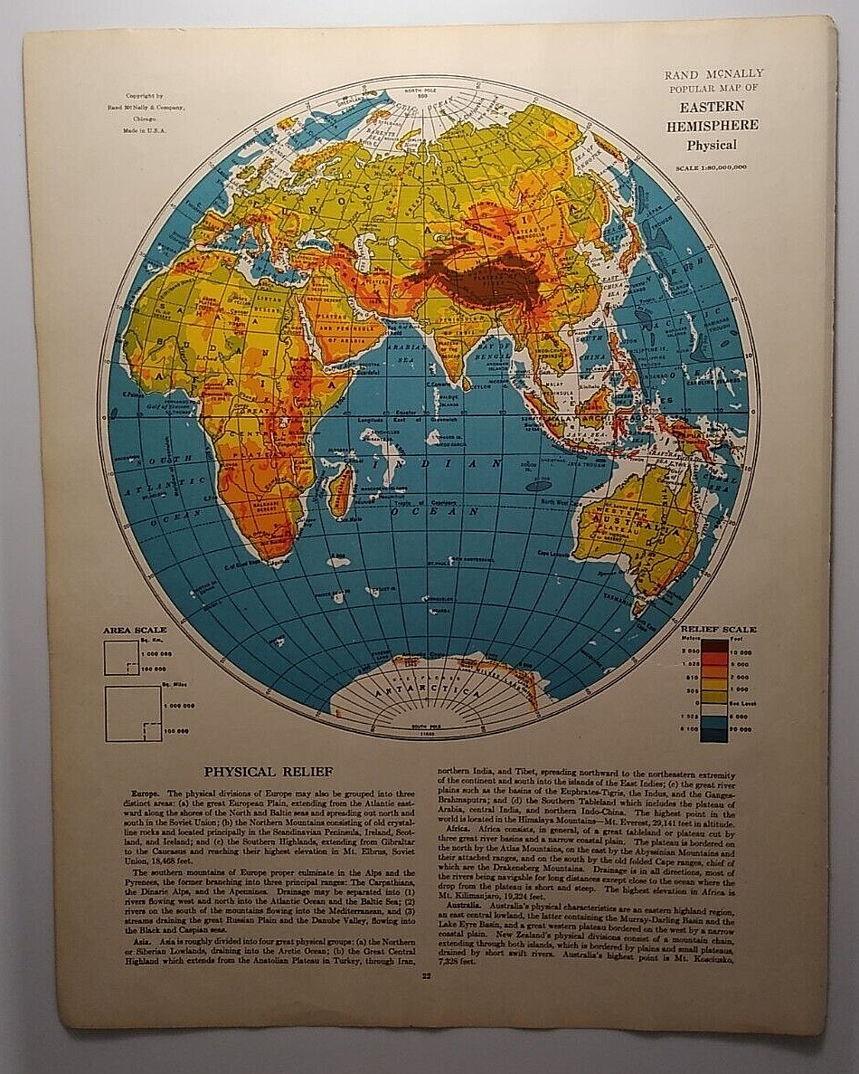 1937 Antique EASTERN HEMISPHERE Old Atlas Map – Rand McNally World Atlas