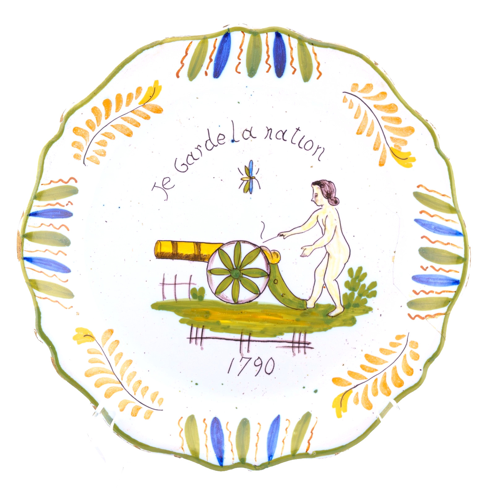 French Faience Revolution Plate Patriotic Cannon Scene Je Garde la Nation 18C