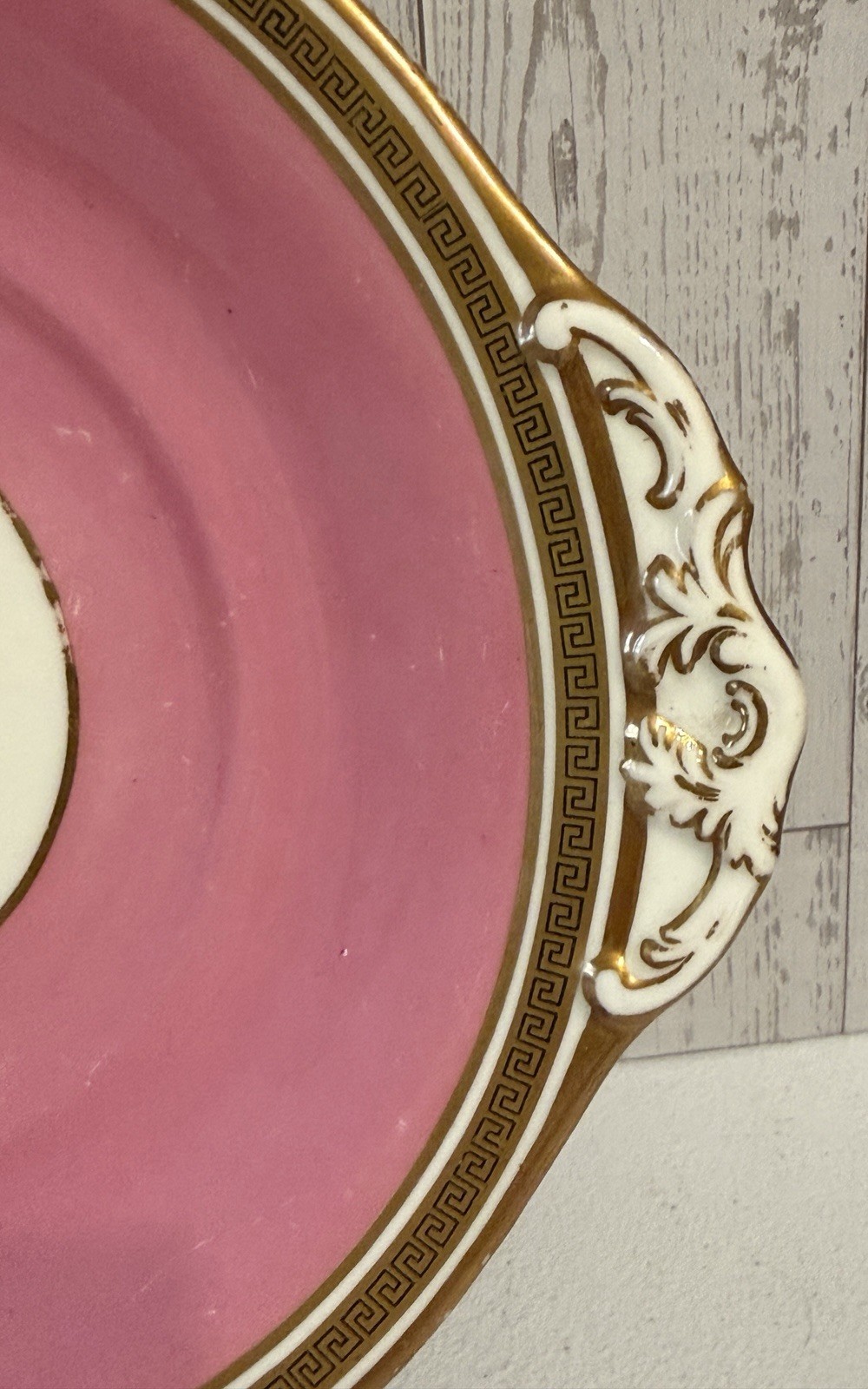 ANTIQUE ROYAL CAULDON PINK SET OF 2 PORCELAIN SERVING PLATTERS GOLD GREEK KEY