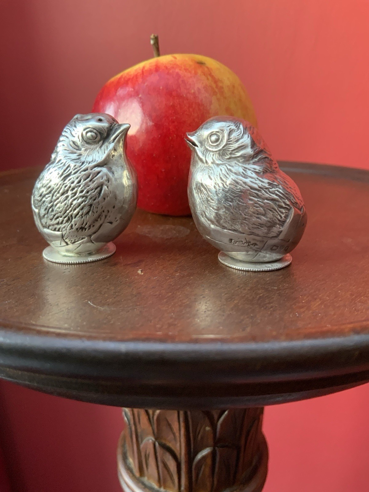Antique pair of Sampson Mordan silver salt and pepper modelled as chicks 1907