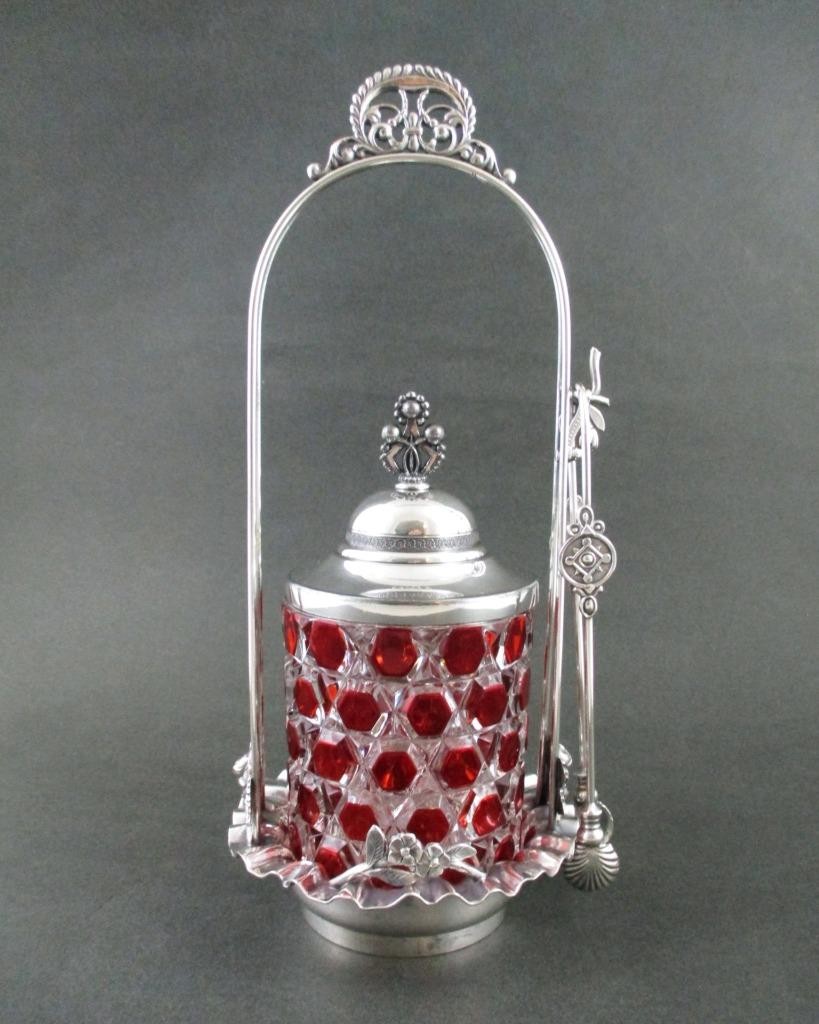 RUBY flashed EAPG Hex BLOCK jar – Antique PICKLE CASTOR – ACME #1135 Quad Silver
