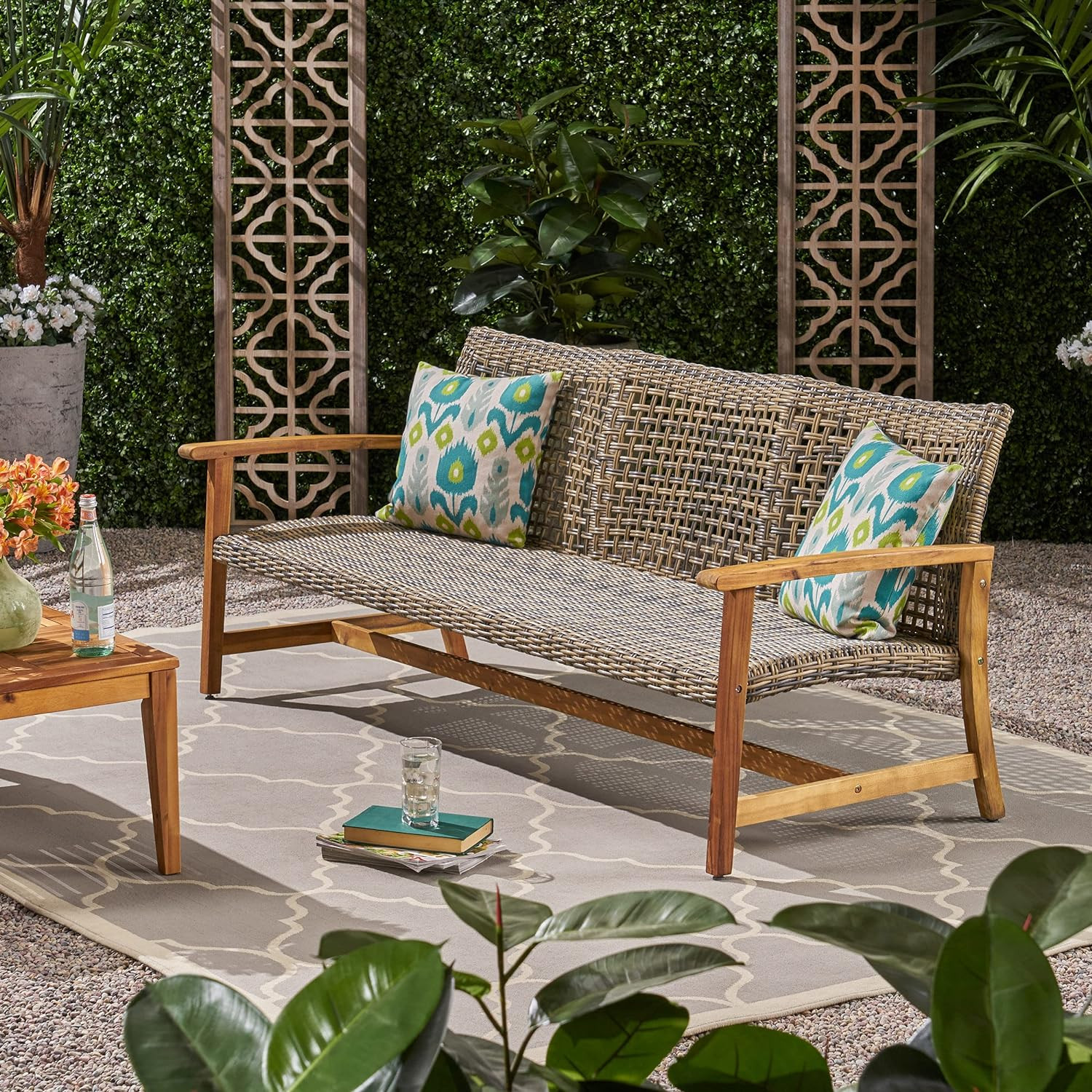 Marcia Outdoor Wood Sofa, Wicker, 75.50 X 31.00 X 31.50, Gray, Natural Stained F