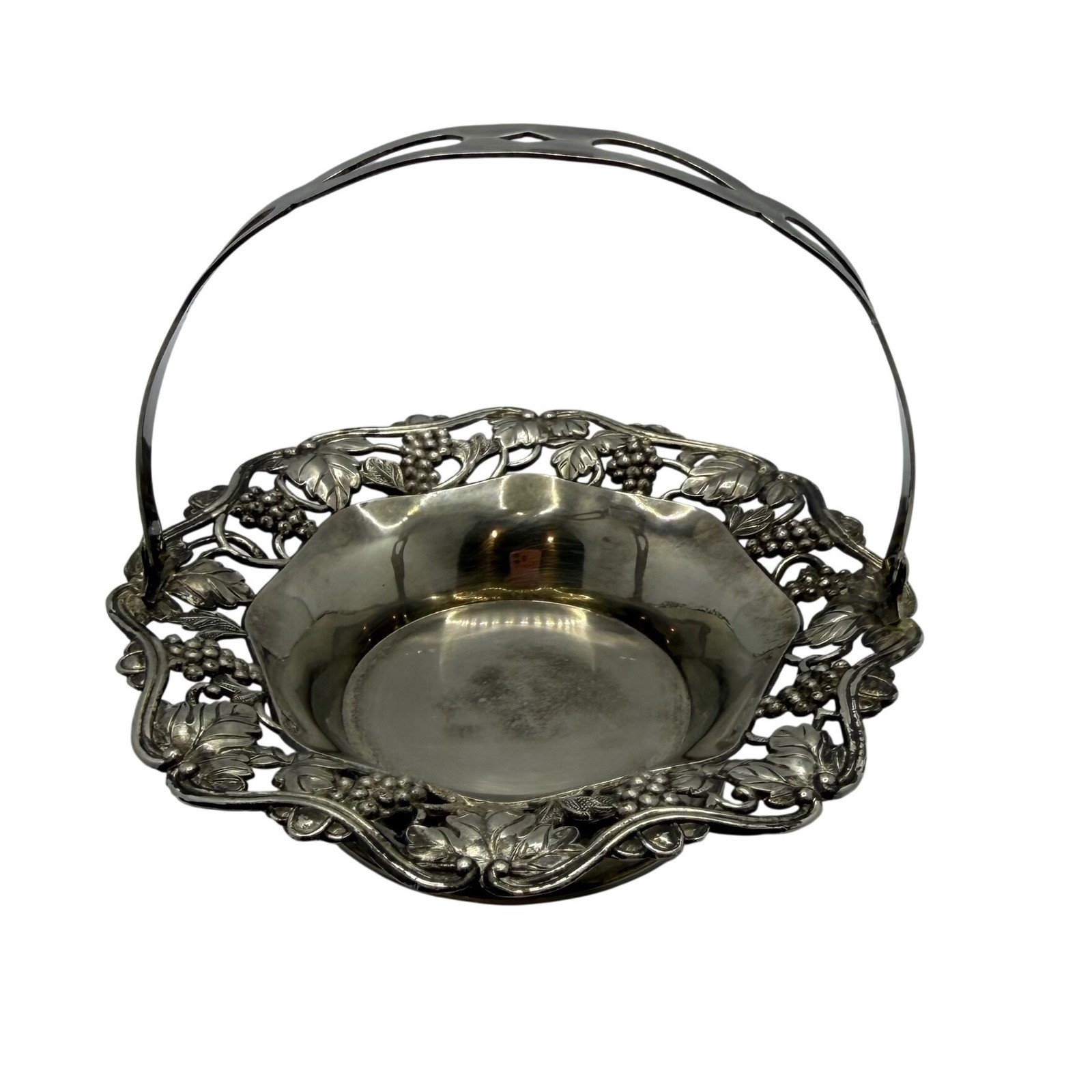 Vintage Lord & Taylor Silver Plate Grape Repousse Bride’s Basket Swing Handle