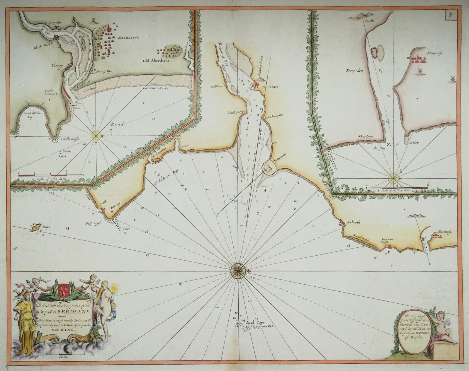 Antique Sea Chart ABERDEEN, SCOTLAND, Arbroath, Dundee, G.Collins Old Map 1756
