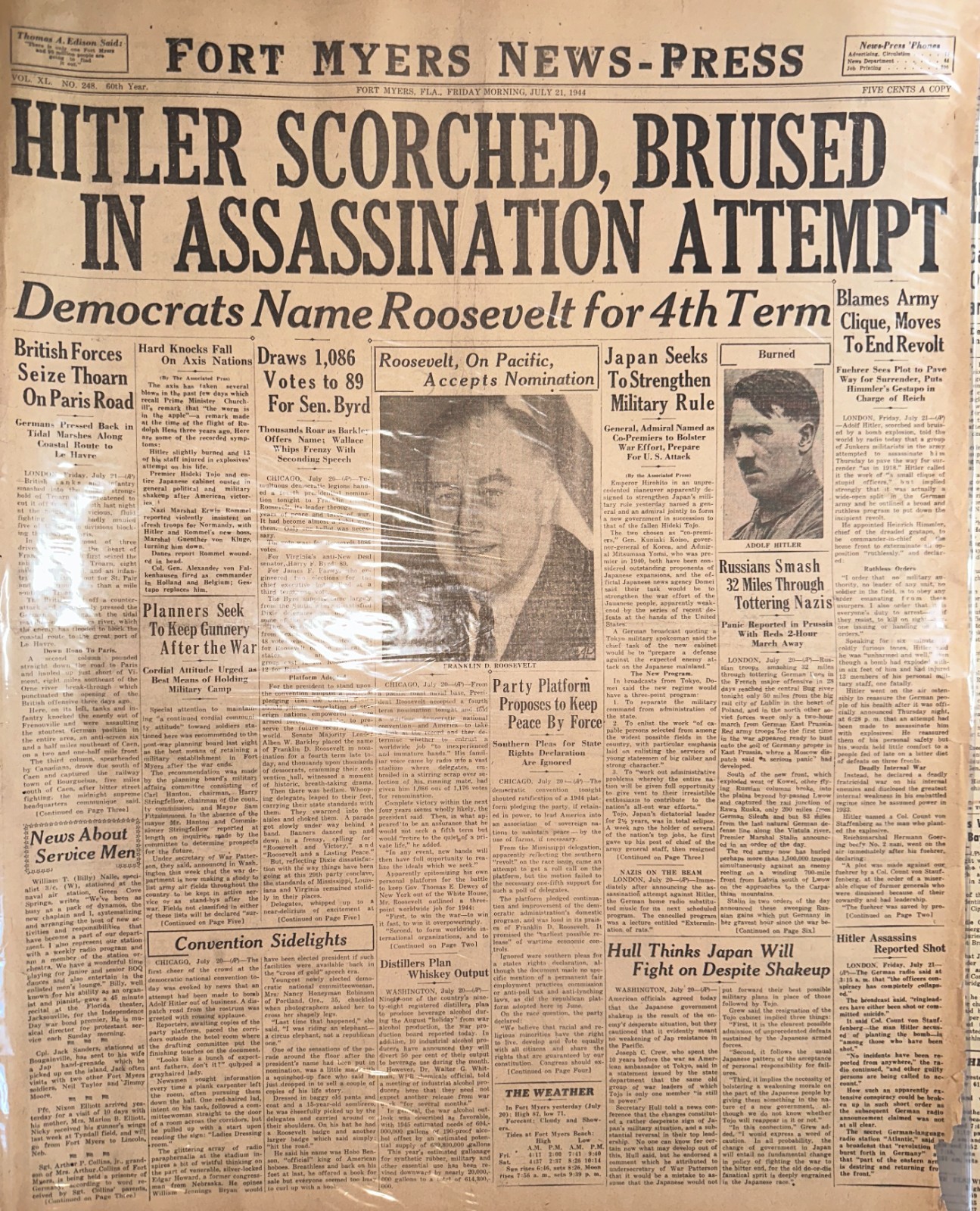 Historic Headline WWII JUL-12-1944 ASSASSINATION ATTEMPT FAILS – HH0064