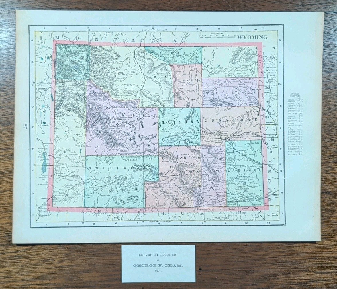 Vintage 1901 WYOMING Map 14″x11″ Old Antique Original YELLOWSTONE NATIONAL PARK