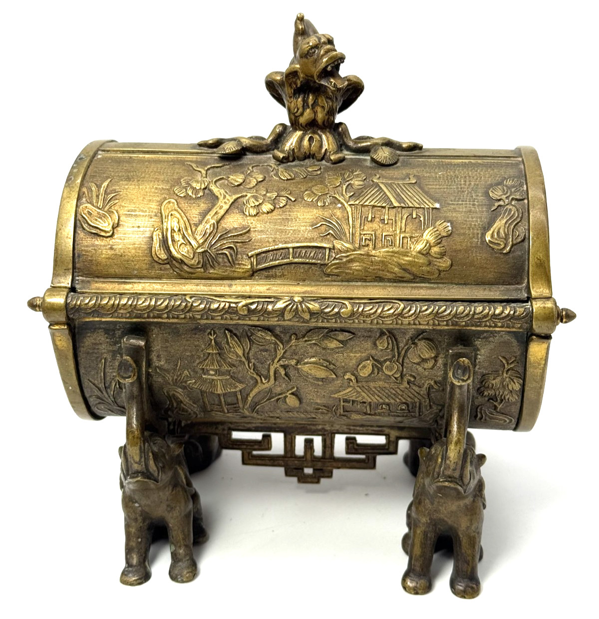 Rare Chinese Bronze High Relief 4 Elephant Feet Dragon Finial Censor/Casket Box