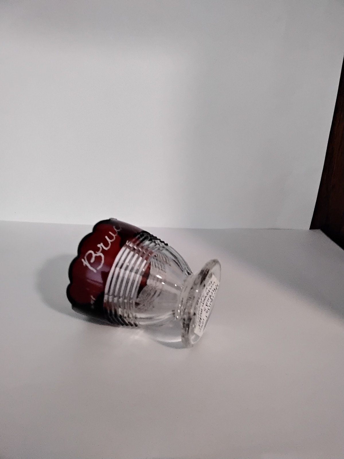Eapg Clear HORIZONTAL THREADS Toothpick Holder/Toy Spooner W/Ruby Stain. C.1910