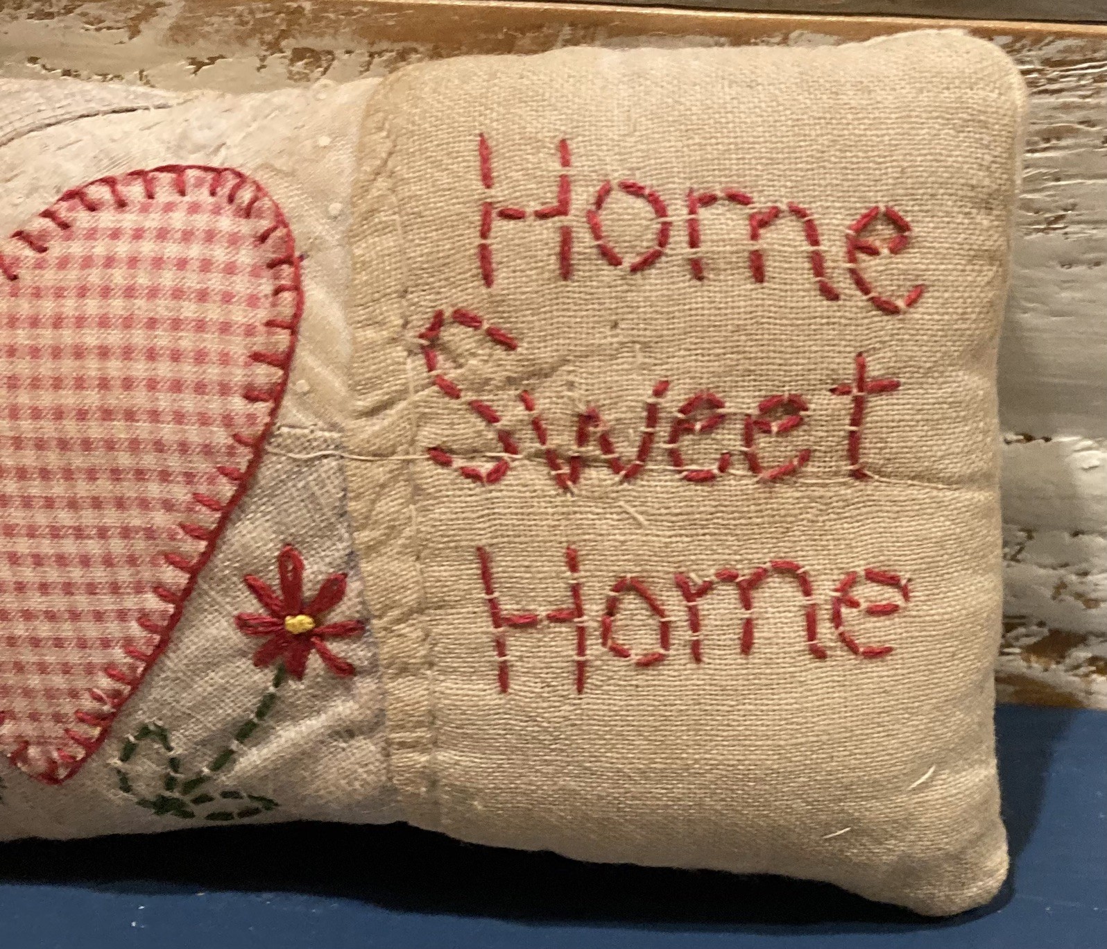 Primitive *Home Sweet Home* Homespun Heart Mini Pillow-Made From Vintage Quilt