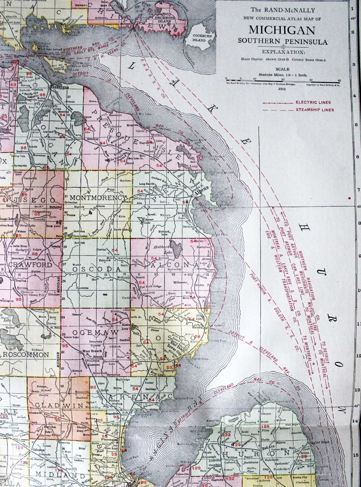 RAND MCNALLY COMMERCIAL ATLAS MAP PAGE STATE OF MICHIGAN 1913 & RAILROAD LINES