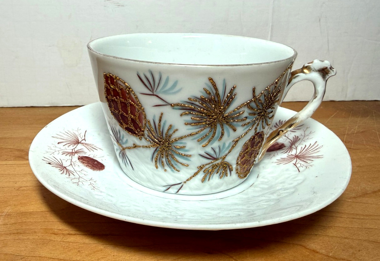 Antique Porcelain Mustache Cup & Matching Saucer Set Pine Cones Beautiful – READ