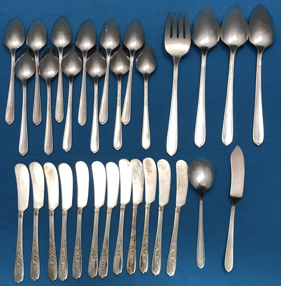 30 Pc ROYAL ROSE Silverplated SPOONS SPREADERS & SERVING PCS Nobility Plate