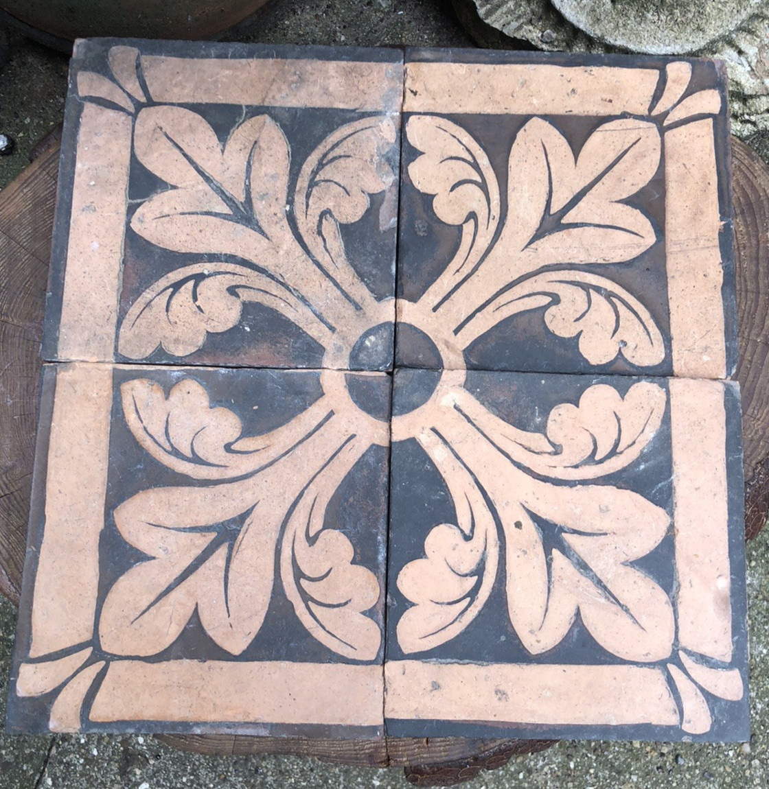 Tiles Antique French Fleur De Lys tin glaze floor clay terracotta 20th century