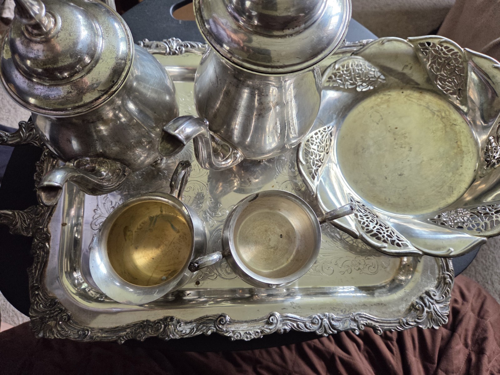 Vintage Silver Plated Tea Set With Tray 6 Piece Tea Coffee Pots Sugar Cream